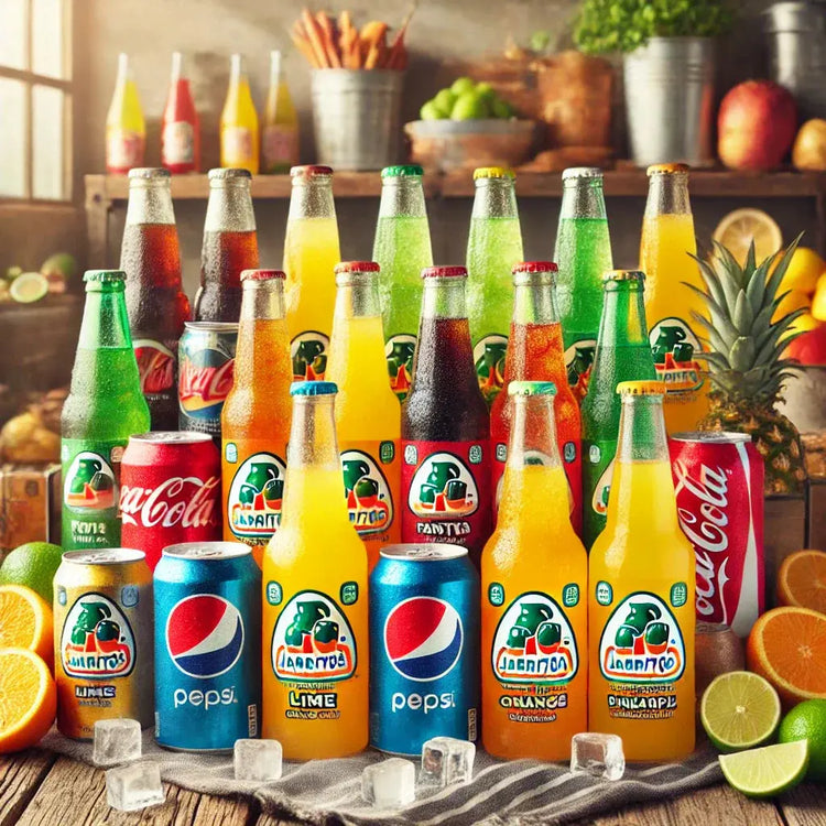 Colorful display of Pops cans, including Coke, Pepsi, Ginger Ale, and Fanta, alongside Jarritos bottles in fruity flavors like lime, orange, and pineapple, arranged on a rustic table with ice cubes and citrus slices