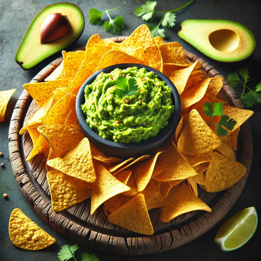 Crispy corn chips arranged around a bowl of fresh, creamy guacamole, garnished with cilantro on a rustic wooden plate.