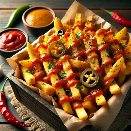 Fajita Fries with crispy golden fries tossed in bold fajita seasoning, drizzled with smoky chipotle sauce, and served in a rustic container