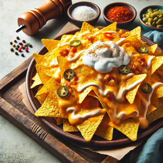 nachos with crispy corn chips, creamy cheese sauce, melted shredded cheese, sour cream drizzle, and house seasoning, served on a rustic plate.
