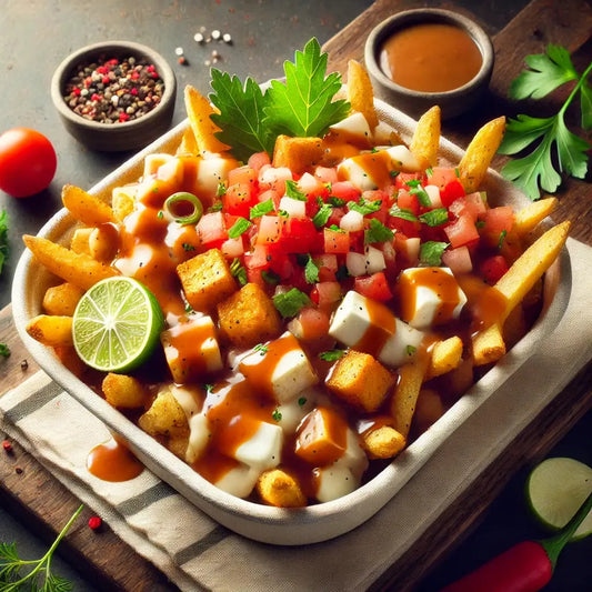 Vegetarian Poutine with crispy golden fries, melted cheese curds, optional paneer, piping hot gravy, fresh pico de gallo, and a sprinkle of house seasoning, served in a rustic container.