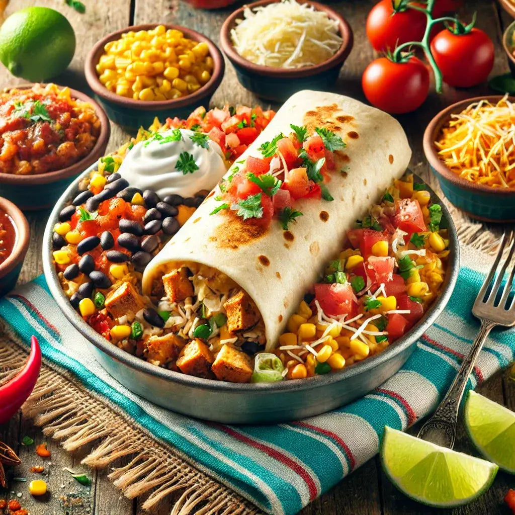  "Golden tortilla burrito and burrito bowl with fresh Mexican ingredients, styled with vibrant decor."