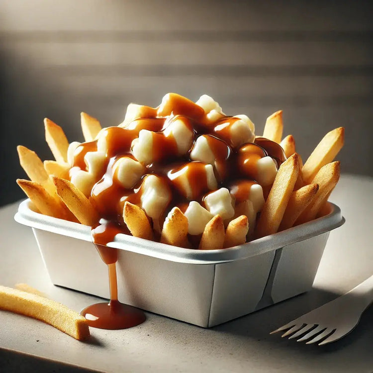 "Crispy golden fries topped with melted cheese curds and smothered in rich, piping hot gravy, served in a rustic wooden bowl."
