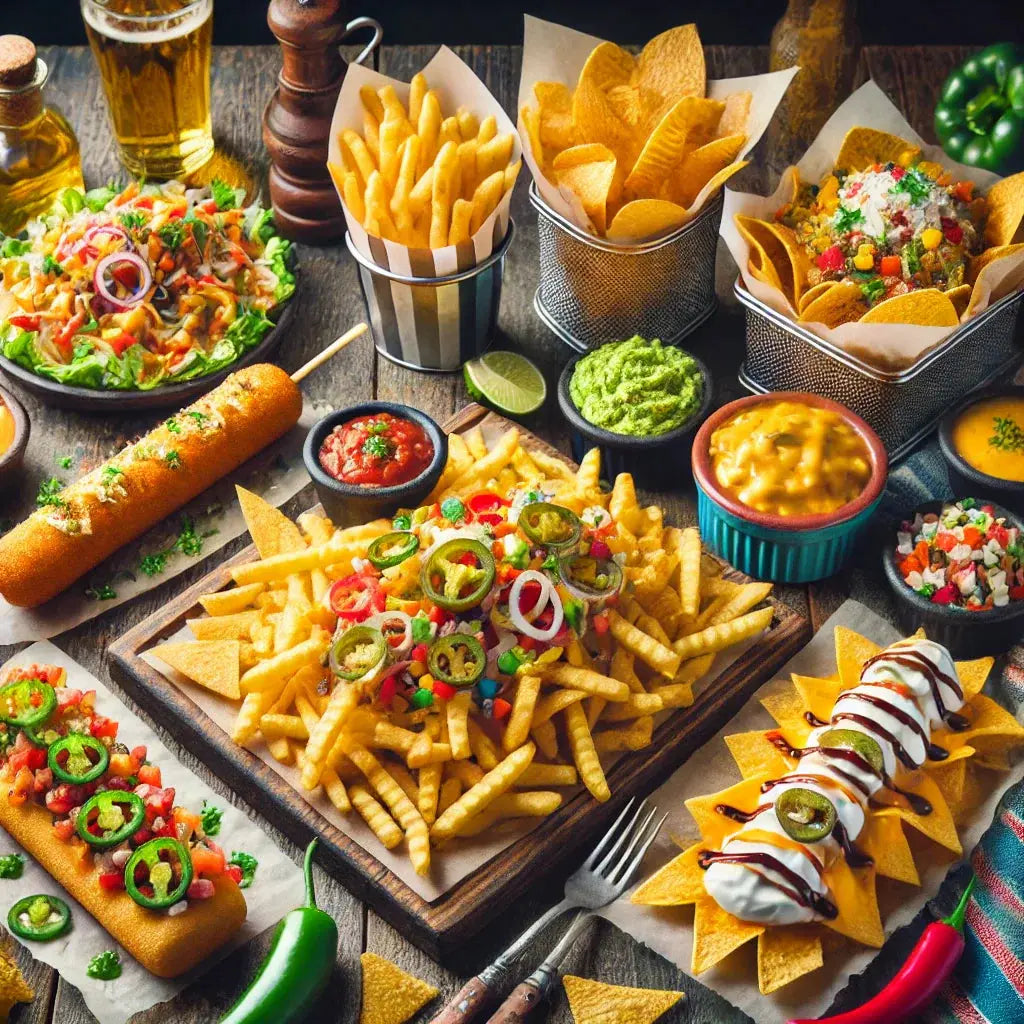 Amigo Friendly items: fries, fajita fries, nacho fries, corn dog, chips with guacamole, nachos, and loaded nachos