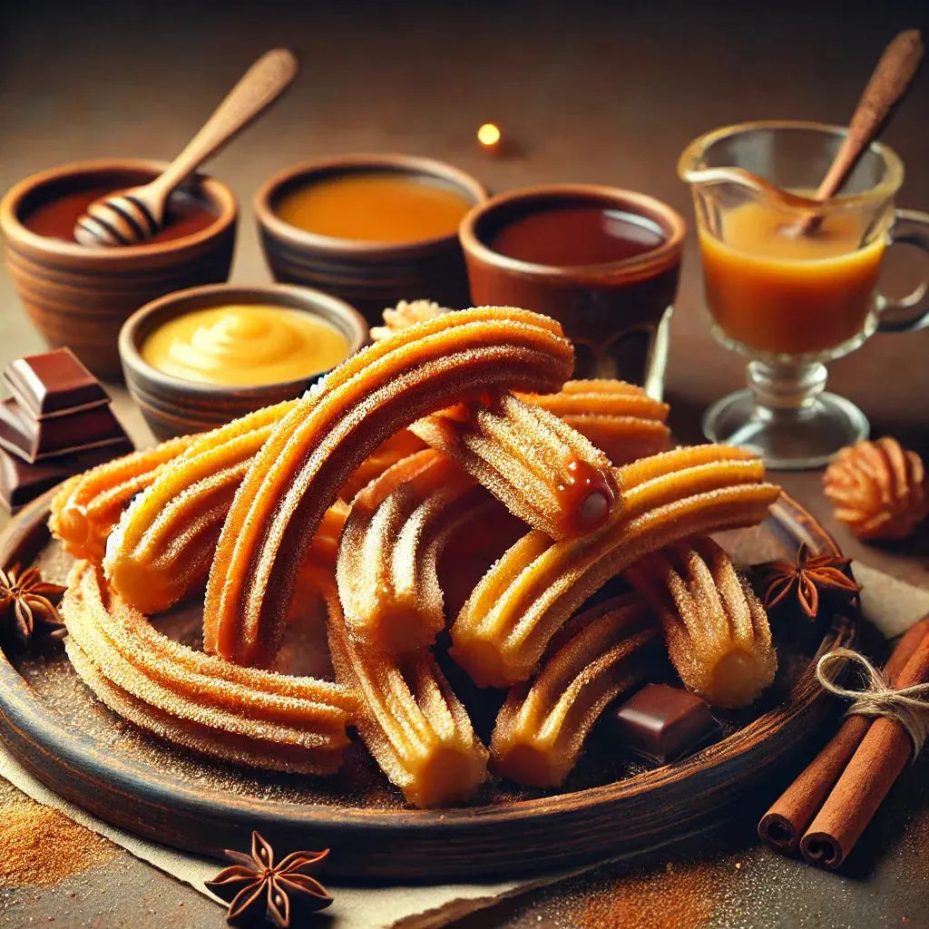 Crispy golden churros coated in cinnamon sugar, served with chocolate and caramel dipping sauces on a rustic wooden plate.