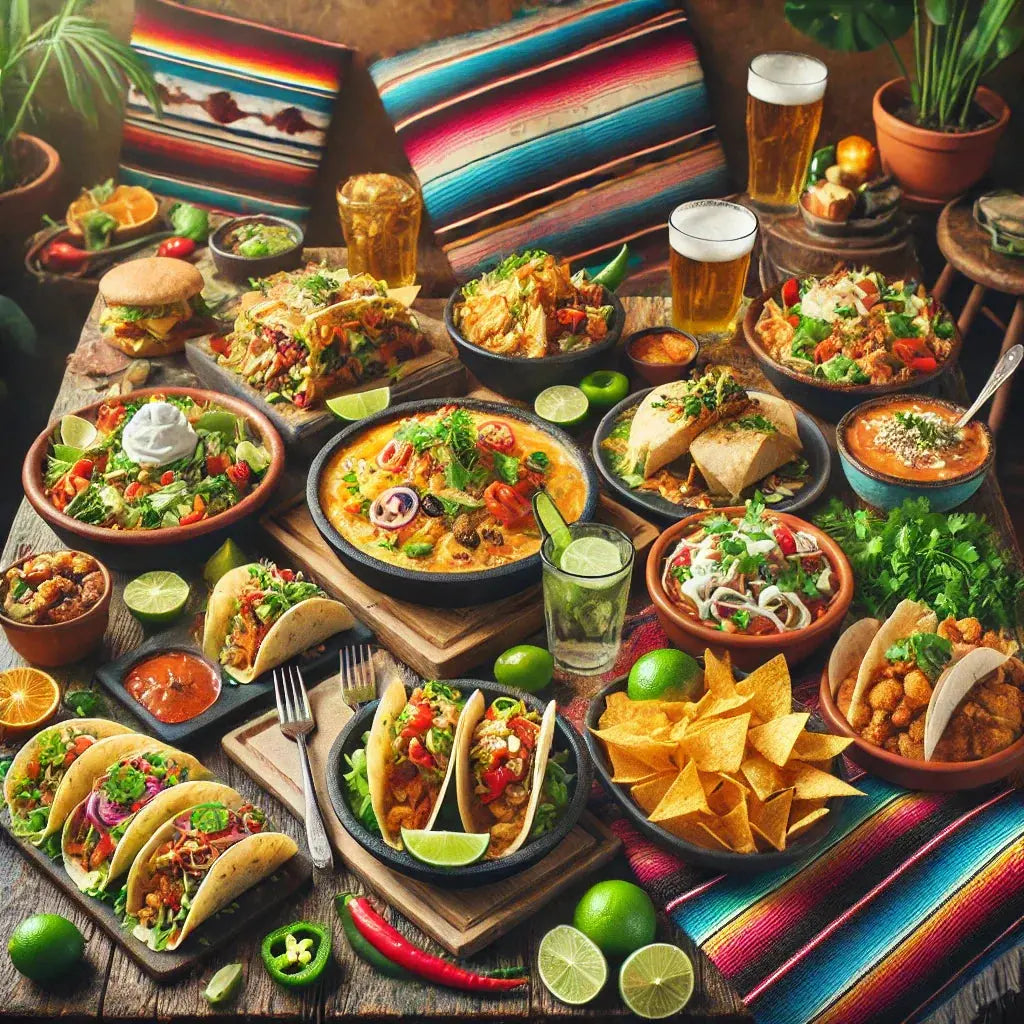 A vibrant spread of Mexican food with tacos, quesadillas, nachos, and a burrito bowl on a rustic table.